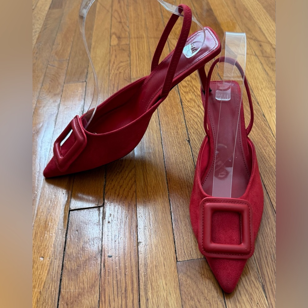 H&M Red Slingback Heels with Buckle, size 7 classic retro boho pointy toe office